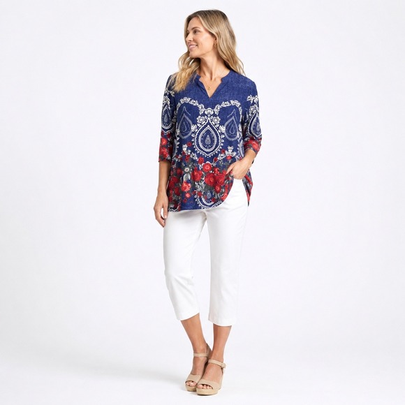 Ali Miles Tops - Ali Miles Womens Petite Large Blue Paisley Red Floral 3/4 Sleeve Tunic Blouse